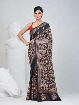 CHARUKRITI - Black Embroidered Thread Work Saree with Unstitched Blouse