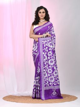 CHARUKRITI - Purple Embroidered Thread Work Saree with Unstitched Blouse