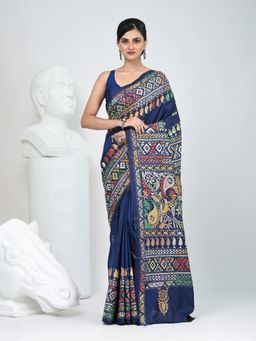 CHARUKRITI - Navy Blue Embroidered Thread Work Saree with Unstitched Blouse