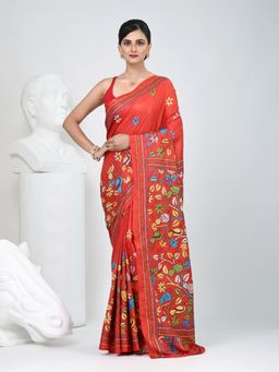 CHARUKRITI - Red Embroidered Thread Work Saree with Unstitched Blouse