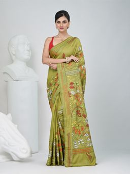 CHARUKRITI - Green Embroidered Thread Work Saree with Unstitched Blouse