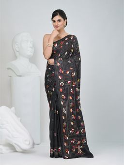 CHARUKRITI - Black Embroidered Thread Work Saree with Unstitched Blouse