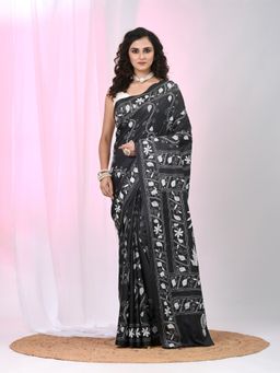 CHARUKRITI - Black Embroidered Thread Work Saree with Unstitched Blouse