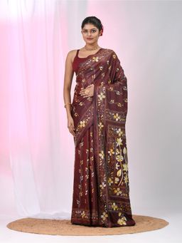 CHARUKRITI - Maroon Embroidered Thread Work Saree with Unstitched Blouse