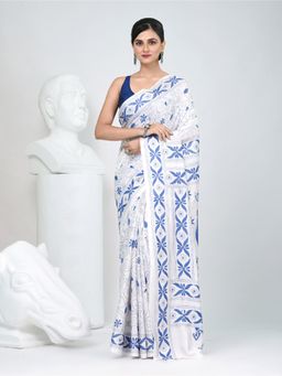 CHARUKRITI - White Embroidered Thread Work Saree with Unstitched Blouse