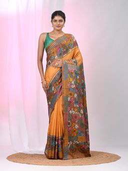 CHARUKRITI - Orange Embroidered Thread Work Saree with Unstitched Blouse