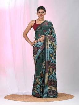 CHARUKRITI - Green Embroidered Thread Work Saree with Unstitched Blouse