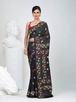 CHARUKRITI - Black Embroidered Thread Work Saree with Unstitched Blouse