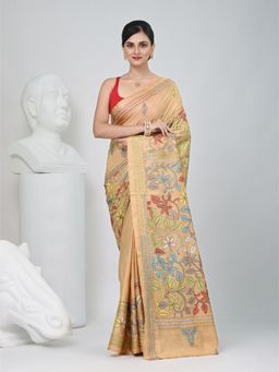CHARUKRITI - Beige Embroidered Thread Work Saree with Unstitched Blouse