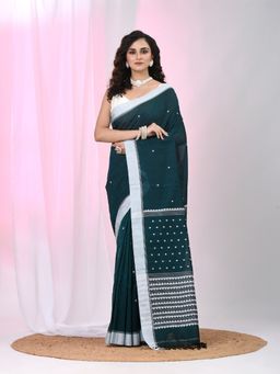 CHARUKRITI - Teal Woven Tassels Saree with Unstitched Blouse