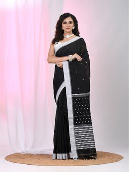 CHARUKRITI - Black Woven Tassels Saree with Unstitched Blouse