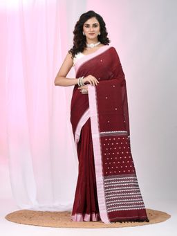 CHARUKRITI - Maroon Woven Tassels Saree with Unstitched Blouse