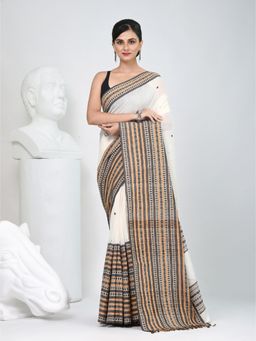 CHARUKRITI - Off White Embroidered Tassels Saree with Unstitched Blouse