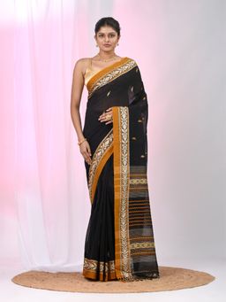 CHARUKRITI - Black Woven Tassels Saree with Unstitched Blouse