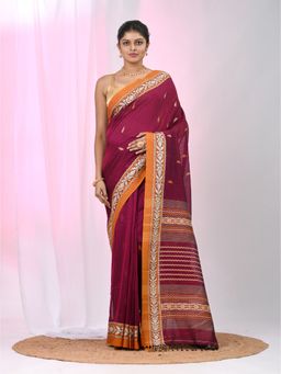 CHARUKRITI - Magenta Woven Tassels Saree with Unstitched Blouse