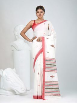 CHARUKRITI - Off White Woven Tassels Saree with Unstitched Blouse