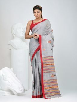 CHARUKRITI - Grey Woven Tassels Saree with Unstitched Blouse