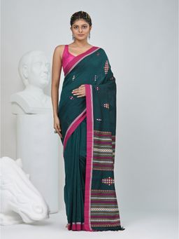 CHARUKRITI - Teal Woven Tassels Saree with Unstitched Blouse