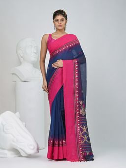 CHARUKRITI - Navy Blue Woven Tassels Saree with Unstitched Blouse
