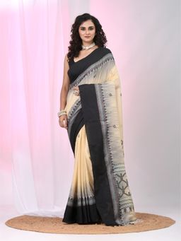 CHARUKRITI - Beige Woven Tassels Saree with Unstitched Blouse