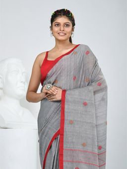 CHARUKRITI - Grey Woven Tassels Saree with Unstitched Blouse