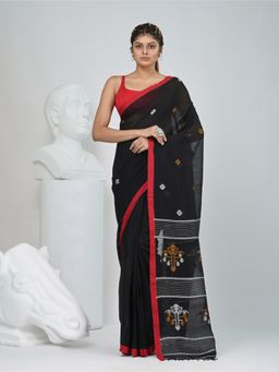CHARUKRITI - Black Woven Tassels Saree with Unstitched Blouse