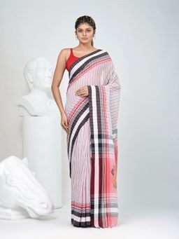 CHARUKRITI - White Stripes Woven Saree with Unstitched Blouse