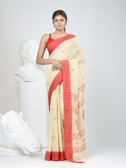 CHARUKRITI - Beige Woven Tassels Saree with Unstitched Blouse