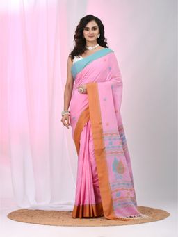 CHARUKRITI - Pink Woven Tassels Saree with Unstitched Blouse