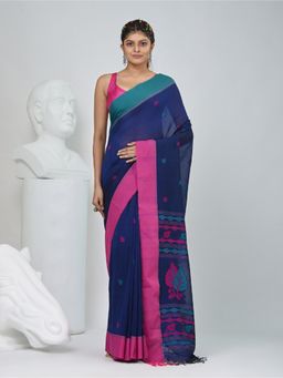 CHARUKRITI - Navy Blue Woven Tassels Saree with Unstitched Blouse
