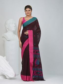 CHARUKRITI - Brown Woven Tassels Saree with Unstitched Blouse