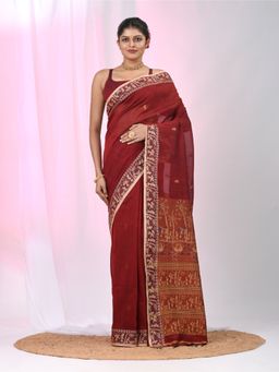CHARUKRITI - Red Woven Tassels Saree with Unstitched Blouse