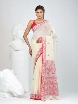 CHARUKRITI - Off White Woven Tassels Saree with Unstitched Blouse