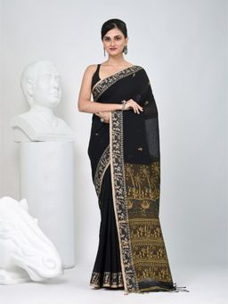 CHARUKRITI - Black Woven Tassels Saree with Unstitched Blouse