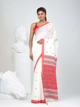 CHARUKRITI - White Woven Tassels Saree with Unstitched Blouse