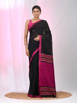 CHARUKRITI - Black Woven Tassels Saree with Unstitched Blouse