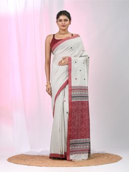 CHARUKRITI - Off White Woven Tassels Saree with Unstitched Blouse