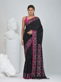 CHARUKRITI - Black Woven Tassels Saree with Unstitched Blouse
