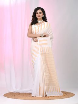 CHARUKRITI - Beige Stripes Woven Saree with Unstitched Blouse