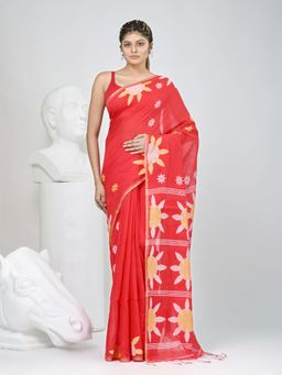 CHARUKRITI - Red Floral Woven Saree with Unstitched Blouse
