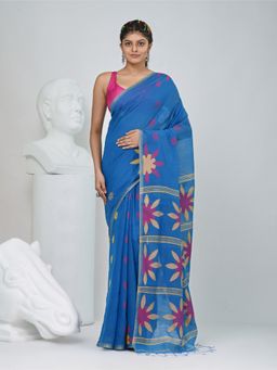 CHARUKRITI - Blue Floral Woven Saree with Unstitched Blouse