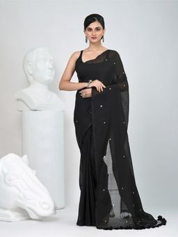 CHARUKRITI - Black Embellished Tassels Saree with Unstitched Blouse