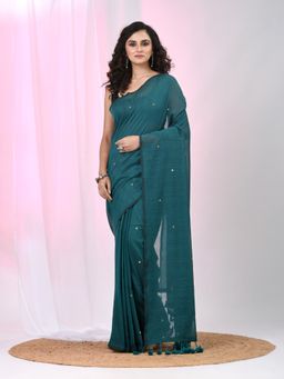 CHARUKRITI - Teal Embellished Tassels Saree with Unstitched Blouse