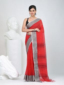 CHARUKRITI - Red Woven Tassels Saree with Unstitched Blouse