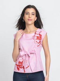 SHAYE - Womens Pink Boat Neck Floral Print Short Sleeves Top