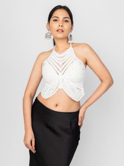 PRET PITAARA - White Crochet Halter Crop Top