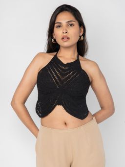 PRET PITAARA - Black Crochet Halter Crop Top