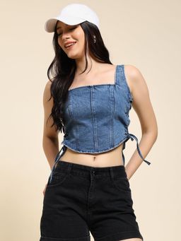 SUGERCANDY - Blue Denim Side Knot Crop Corset