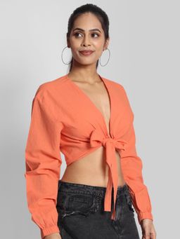 Bene Kleed - Womens Coral Regular Fit Cropped Casual Wrap On Top