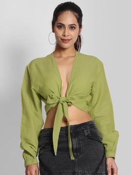 Bene Kleed - Womens Green Regular Fit Cropped Casual Wrap On Top